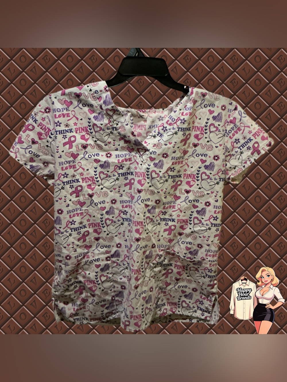 Medical Uniform Scrubs Top pink breast cancer Awareness Pockets Hearts Medium